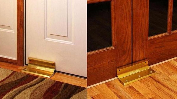 Two close-up photos showing door barricades that secure front doors