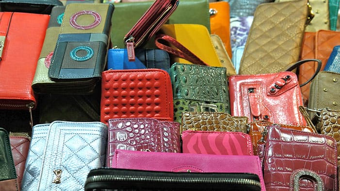 A collection of leather purses