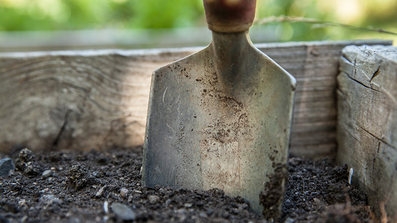 A close-up of a stained shovel resting in the soil next to a wooden box
