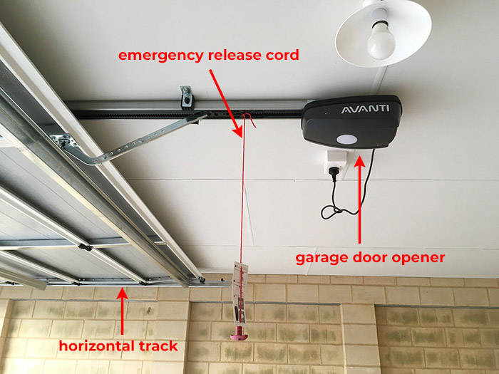 A photo showing the different parts of the operating mechanism of a sectional door inside the garage