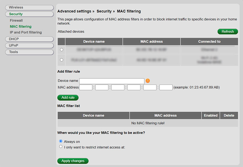 A screenshot of MAC address filtering settings