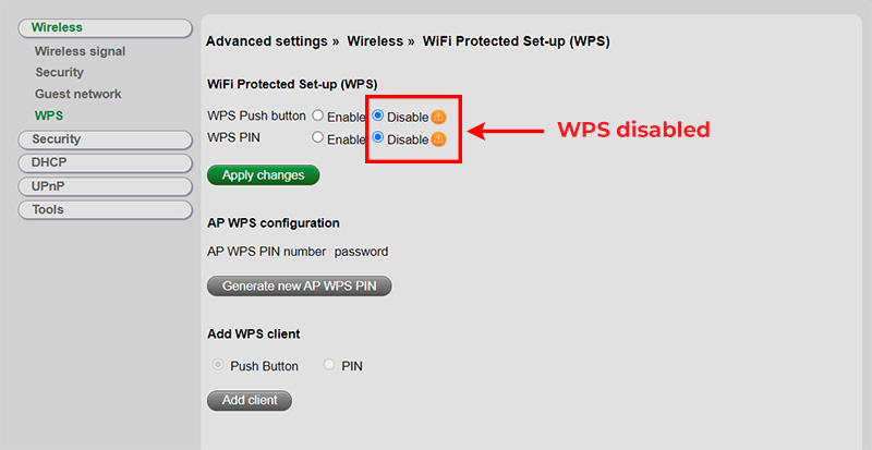 Screenshot of WPS disabled in the WiFi router settings