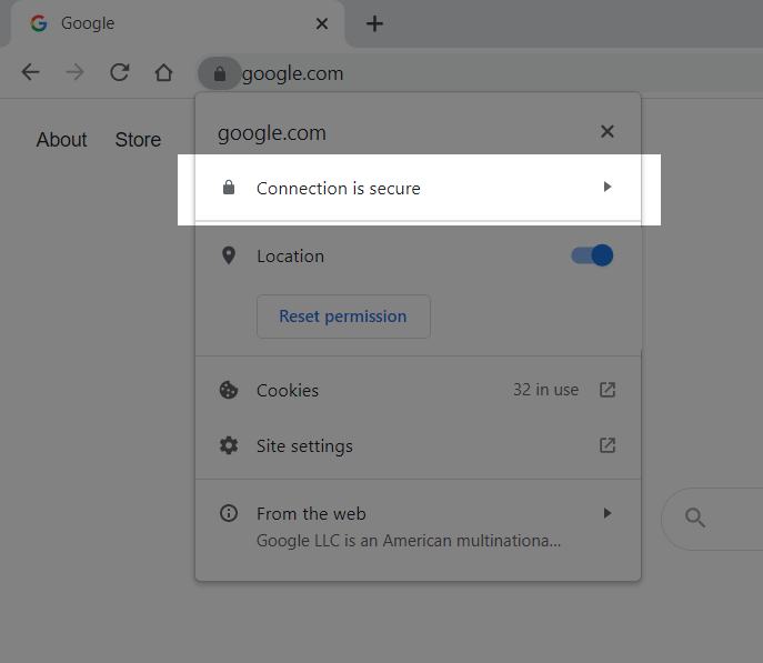 Browser shows secure connection after clicking on the padlock
