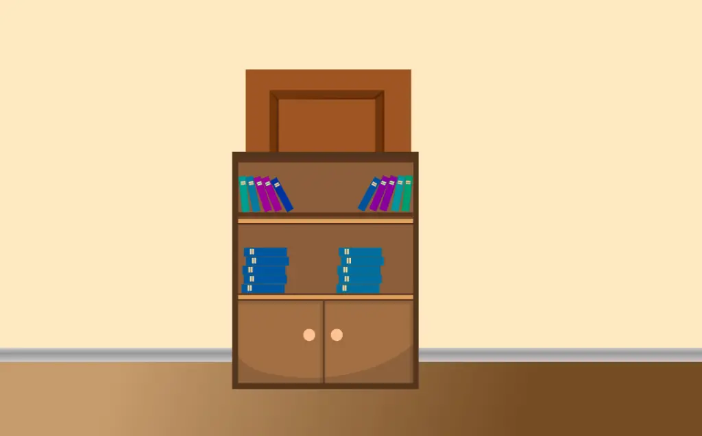 An illustration showing how to barricade a door with a bookcase