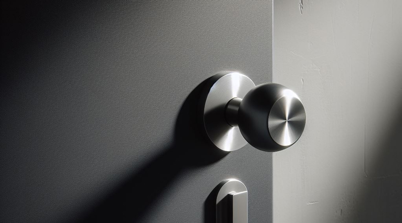 Stainless steel door knob installed on a gray door 