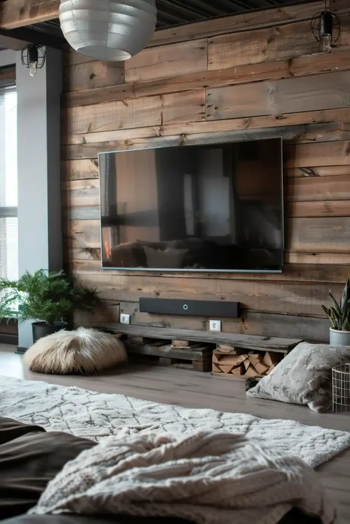 Minimalist TV Wall with a Rustic Pallet Panel 2