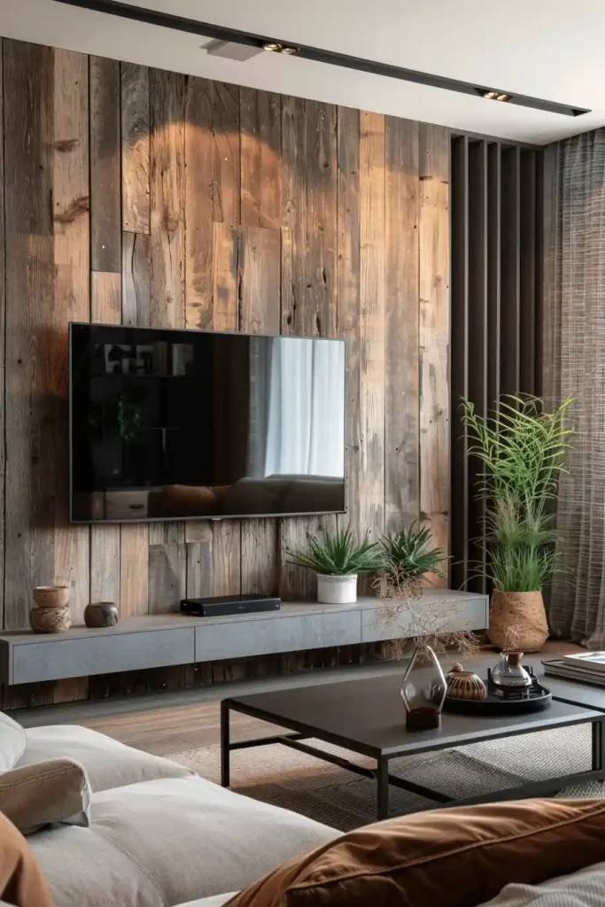 Minimalist TV Wall with a Rustic Pallet Panel