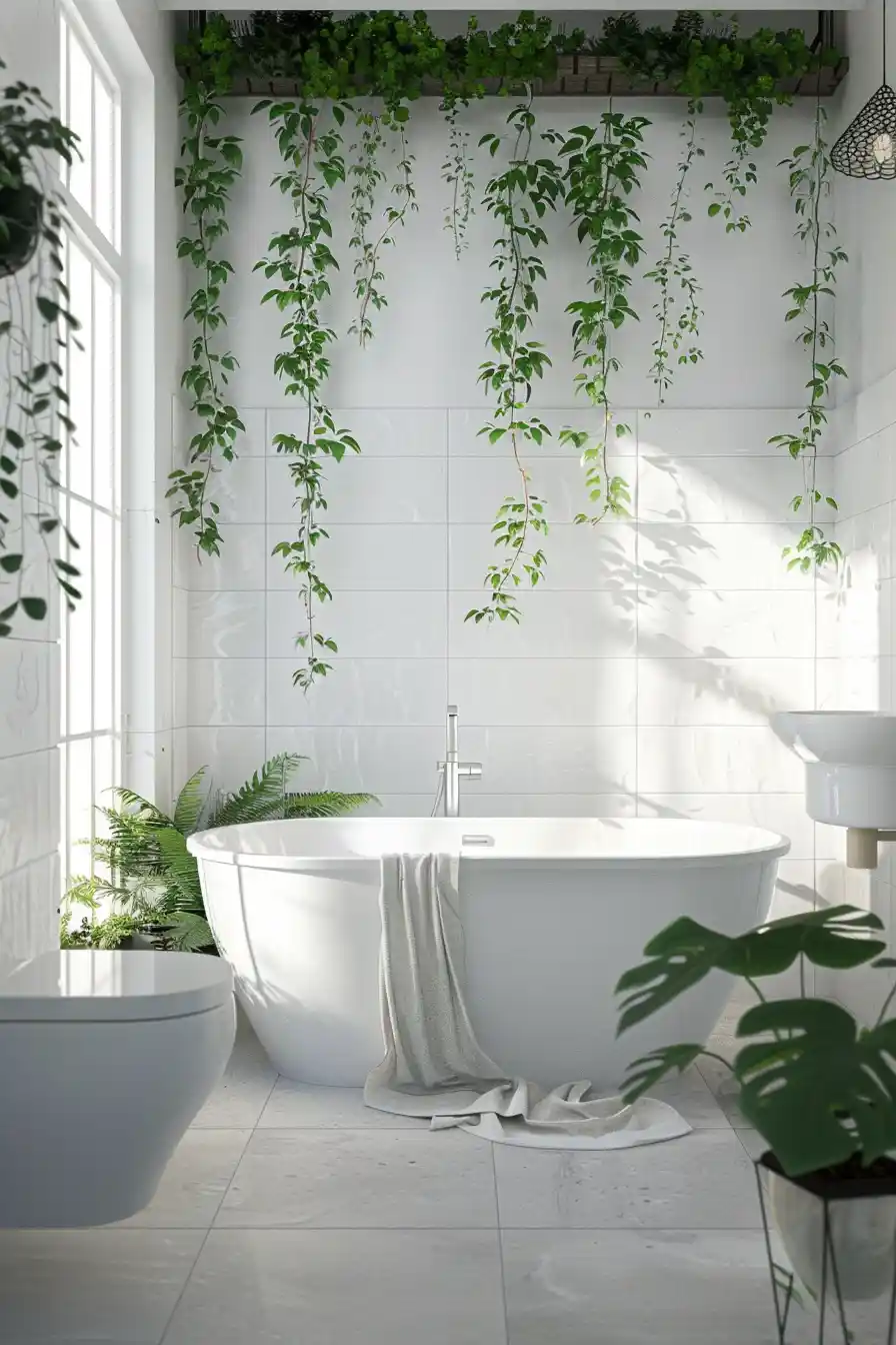 White Bathrooms with Greenery
