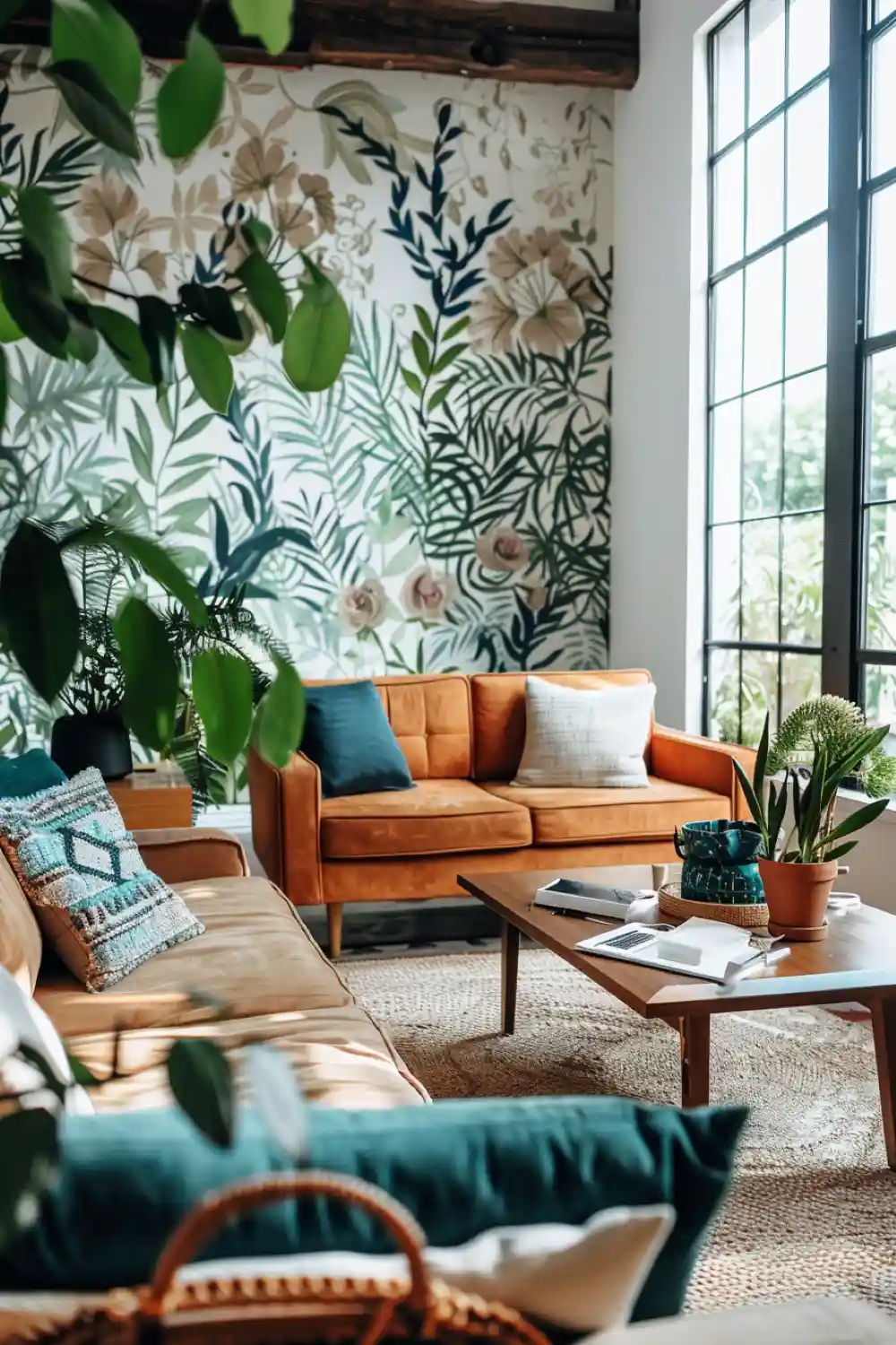 living room with botanical wallpaper 3