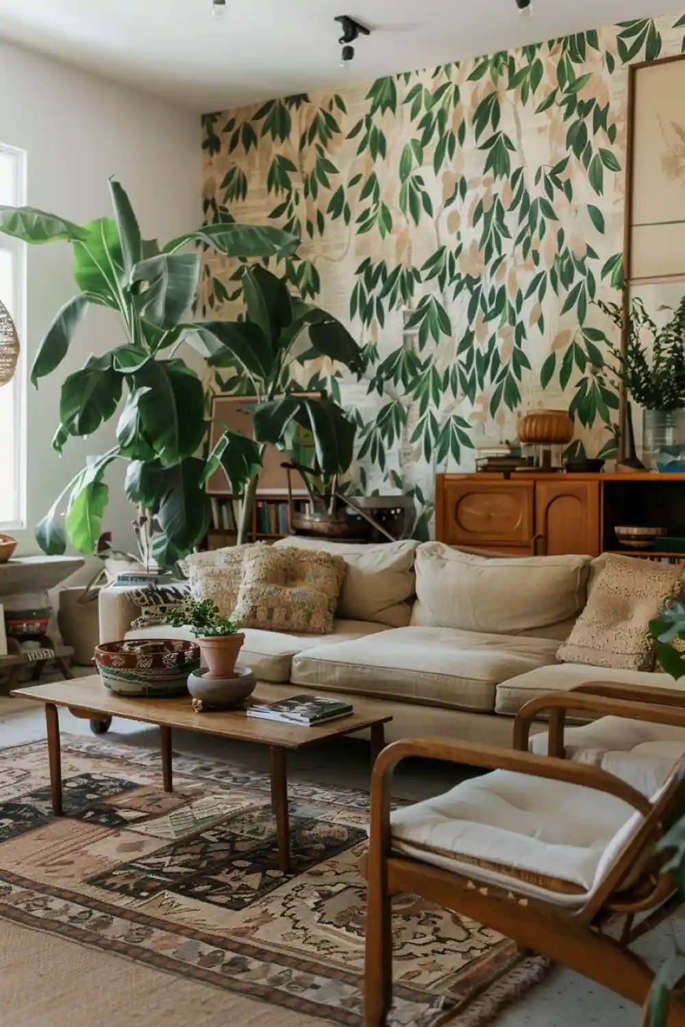 living room with botanical wallpaper 4