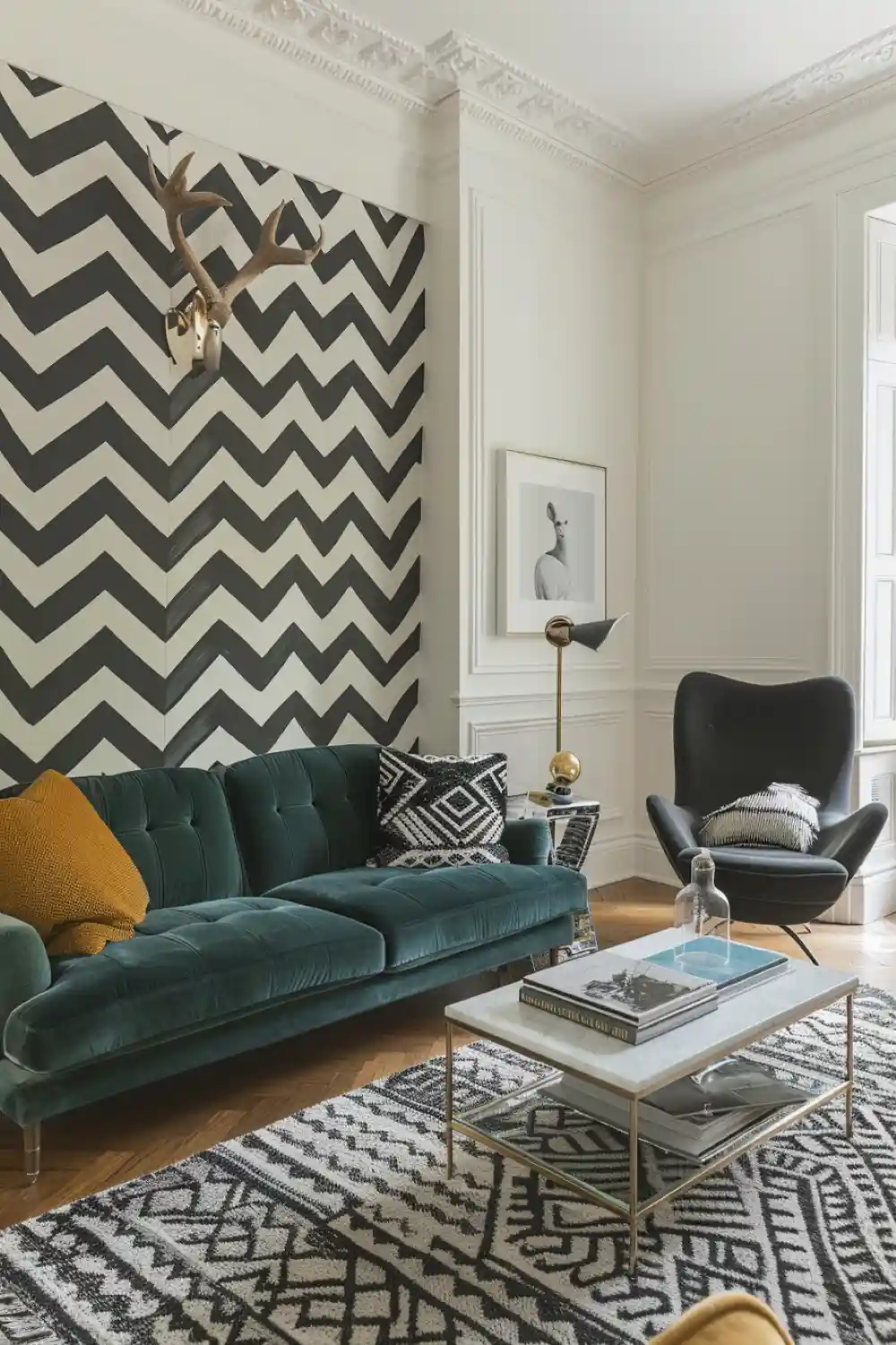 living room with chevron wallpaper 1