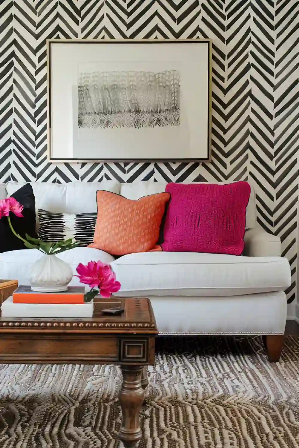 living room with chevron wallpaper 3 1