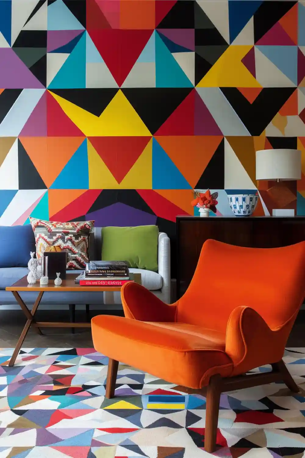 living room with geometric wallpaper 1