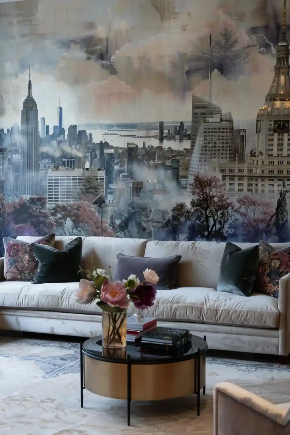 living room with mural wallpaper 4
