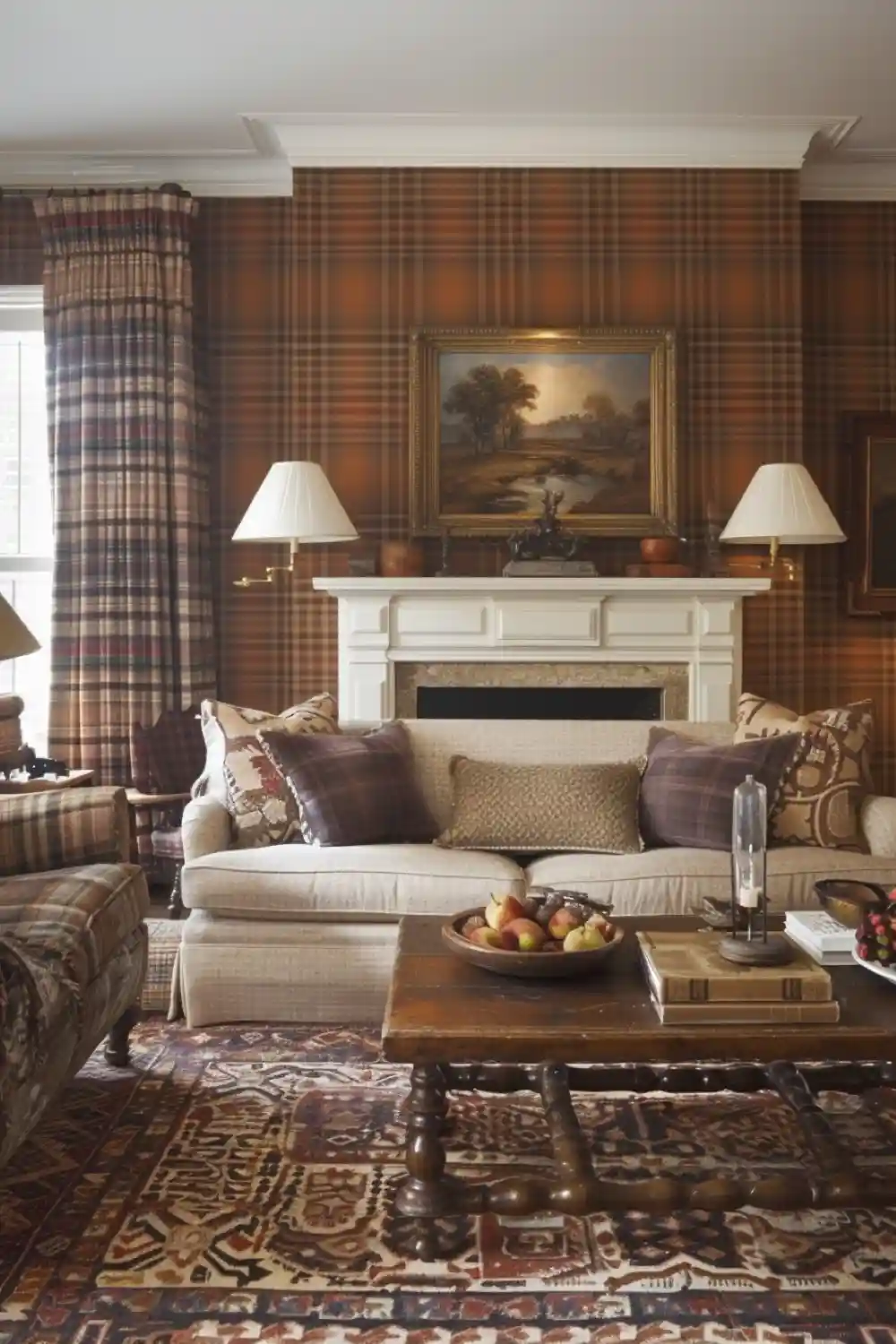 living room with plaid or tartan wallpaper 1