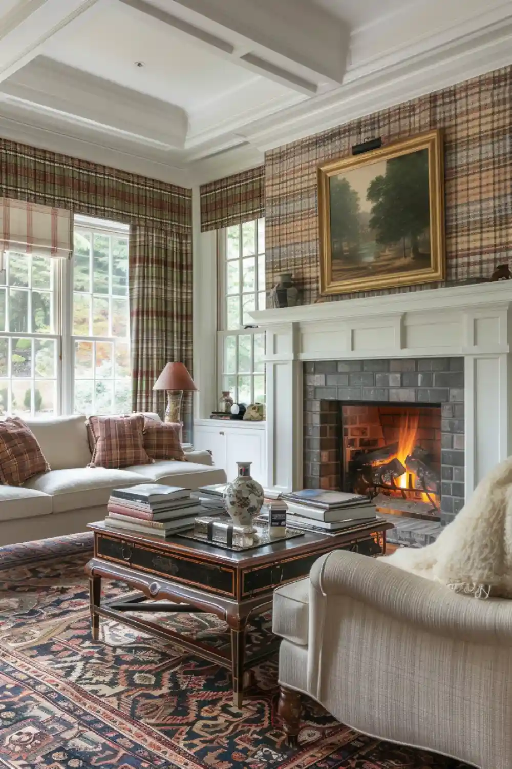living room with plaid or tartan wallpaper 3