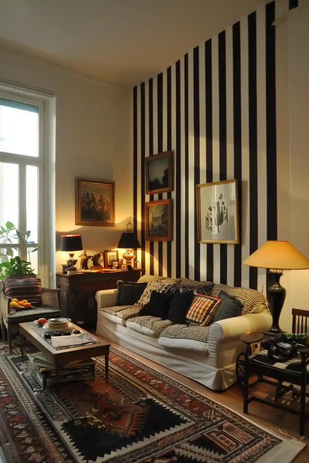 living room with striped wallpaper 1