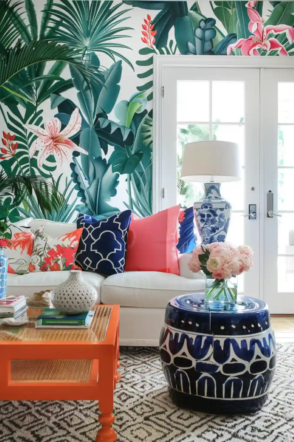 living room with tropical wallpaper 2