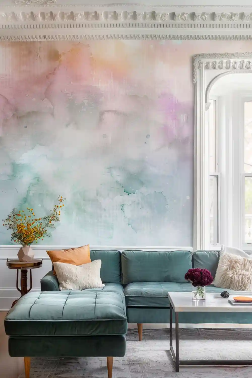 living room with watercolor wash wallpaper 1